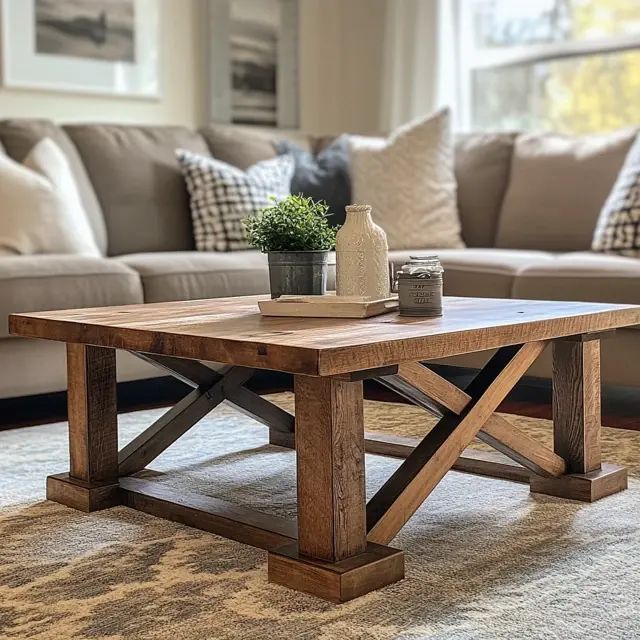 a coffee table sitting on top of a carpeted floor in front of a couch