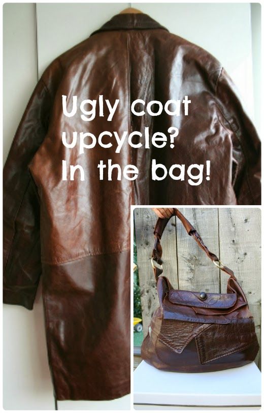 a brown leather jacket with the words ugly coat upcycle in the bag