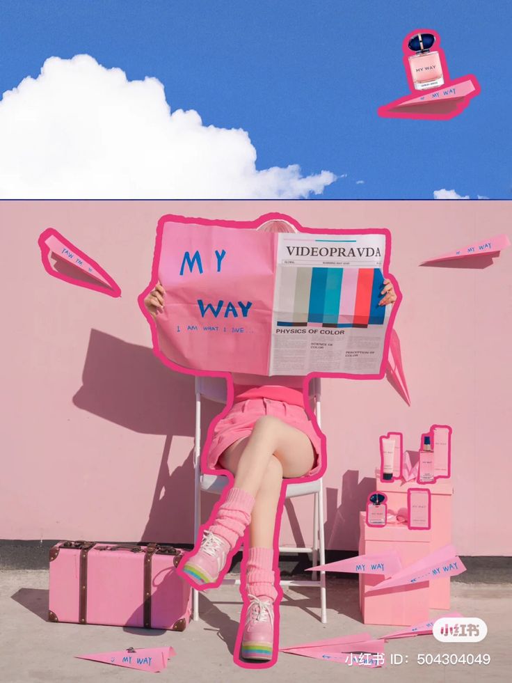 a woman sitting in a pink chair with her legs crossed and reading a book while flying above