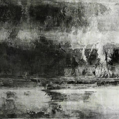 an abstract black and white painting