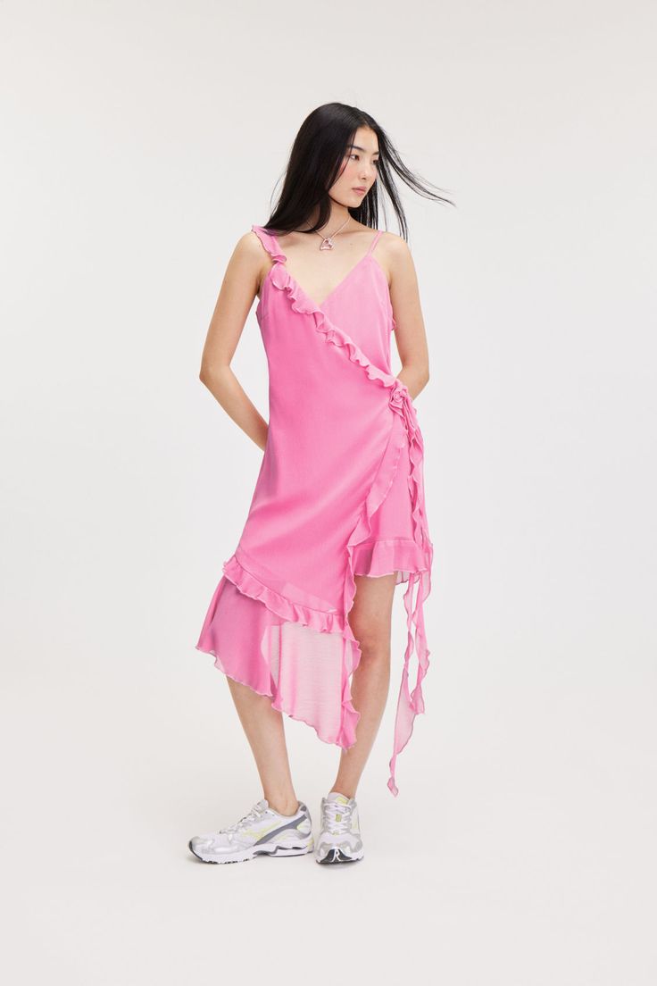 Asymmetric Ruffled Wrap Dress - Pink - Monki Flirty Sleeveless Wrap Dress For Spring, Chic Spring Wrap Dress With Spaghetti Straps, Chic Spaghetti Strap Wrap Dress For Spring, Flirty V-neck Wrap Dress With Ruffles, Asymmetrical Midi Dress With Ruffle Hem For Spring, Sleeveless Ruffled Slip Dress For Brunch, Spring Sleeveless Slip Dress With Ruffles, Sleeveless Slip Dress With Ruffles For Brunch, Spring Wrap Dress With Ruffle Hem For Parties