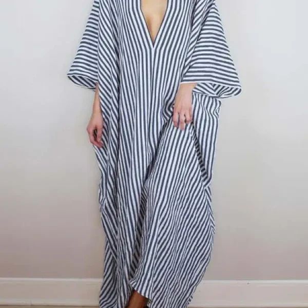 Striped Batwing Sleeves Loose V-Back Deep V-Neck Dress – Cloth Arlo V-neck Lined Maxi Dress For Daywear, Bohemian Striped V-neck Maxi Dress, Casual V-neck Kaftan For Daywear, V-neck Maxi Dress For Daywear, Striped V-neck Maxi Dress For Spring, Summer Linen V-neck Dress For Daywear, Summer V-neck Dress For Daywear, Striped V-neck Beach Dress, Striped Long Sleeve Maxi Dress For Vacation