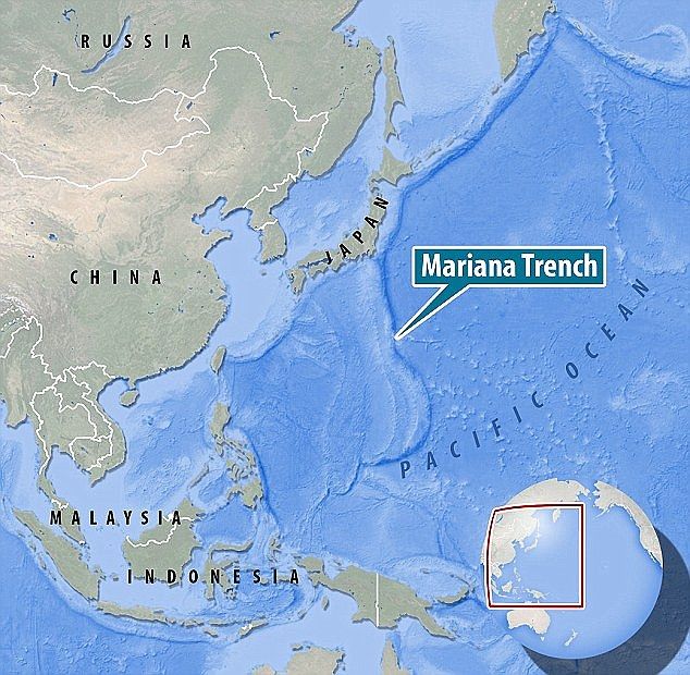 a map showing the location of marina trench in asia and where it is currently located