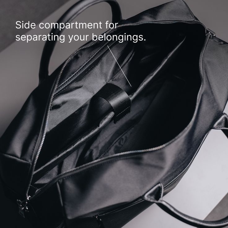 Designed to be minimal and understated, we've made a bag perfect for everyday use. Our minimalist holdall has an outer zip pocket, a grab handle, three inside pockets, and a leather shoulder strap, as well as a magnetic slot for easy access to your belongings. 47cm x 22cm x 27cm (can be used as carry-on luggage). Water-resistant. 28-litre capacity. Includes detachable shoulder strap. Outer zip pocket perfect for accessories. Two open inside pockets and one inside zipped pocket. Made from vegan l Everyday Weekender Bag With Top Handle And Adjustable Strap, Modern Gym Bag With Luggage Sleeve For On-the-go, Versatile Briefcase With Zipper Closure For On-the-go, Modern Weekender Bag With Top Carry Handle, Modern Travel Bag With Double Handle For On-the-go, Modern Top Handle Travel Bag For Everyday Use, Everyday Use Duffle Bag With Double Handle, Double Handle Duffle Bag For Everyday Use, Versatile Duffle Bag With Zipper Pocket For On-the-go