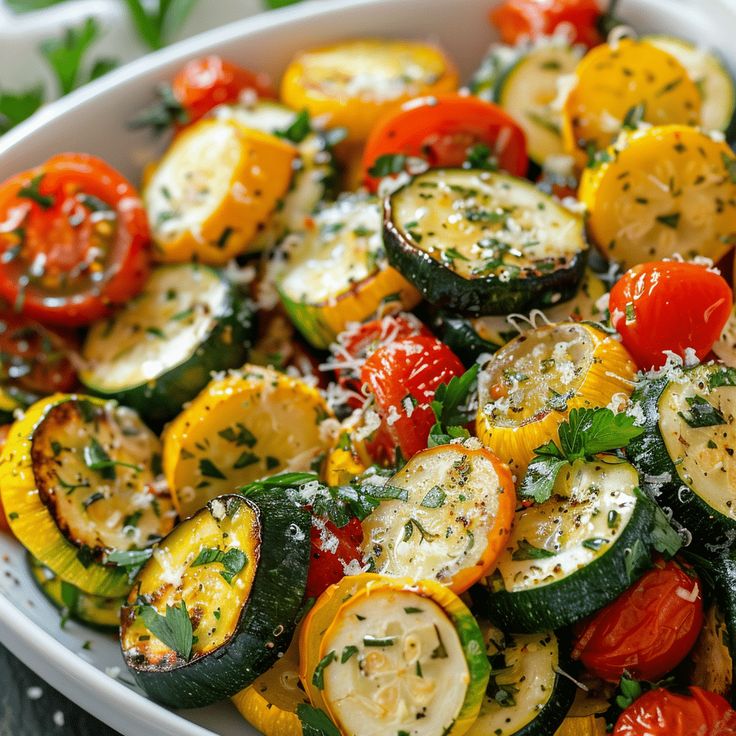 a white bowl filled with sliced up zucchini, tomatoes and other veggies