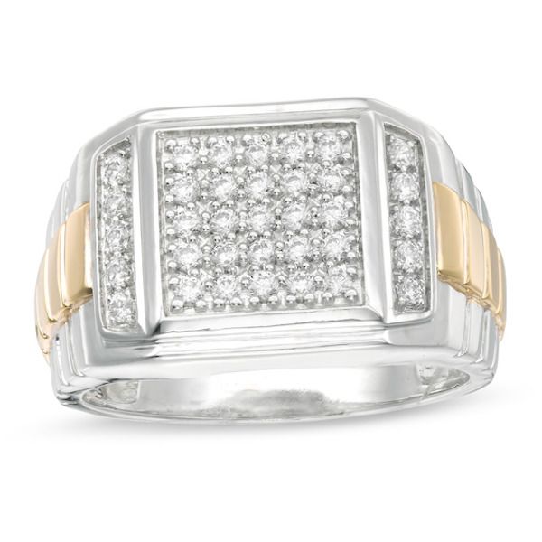 Bursting with eye-caching detail, this diamond ring complements his dressy attire. Fashioned in sterling silver with 10K gold, this design showcases a bold square-shaped composite of diamonds flanked by stepped diamond-lined collars. The ribbed shank gleams with a yellow gold center between silver borders. Radiant with 1/2 ct. t.w. of diamonds and a brilliant buffed luster, this choice draws all the right kinds of attention. Custom-made to fit his ring size. Sterling silver rings cannot be resiz Diamond White Signet Ring For Promise With Polished Finish, Diamond White Signet Ring With Polished Finish For Promise, Fine Jewelry Cubic Zirconia Diamond Cut Signet Ring, Formal Diamond White Signet Ring, White Gold Diamond Cut Cubic Zirconia Signet Ring, White Gold Signet Ring With Diamond Cut Cubic Zirconia, Diamond Cut Cubic Zirconia Signet Ring For Formal Occasions, Timeless Formal Signet Ring With Diamond Accents, Formal Diamond White Rings With Diamond Accents