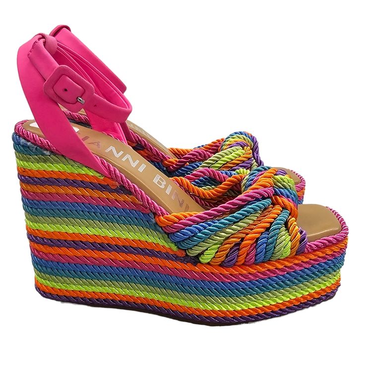 The Nwt Gianni Bini Leena Cord Knot Platform Wedge Sandals Are In The Beautiful Colors Of The Rainbow. Features: Rainbow Cording Adjustable Ankle Strap Suede Nubuck Upper Rubber Outsole Approx 5 Inch Wedge Heel Approx. 2 Inch Platform Height Rainbow Heels, Amazing Shoes, Colors Of The Rainbow, Gianni Bini Shoes, Platform Wedge Sandals, Gianni Bini, Platform Wedge, Platform Wedges, The Rainbow