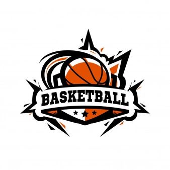 basketball emblem with ball and ribbon on white background