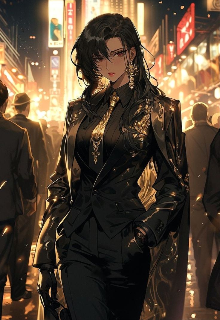 a woman dressed in black walking down a city street at night with lots of people