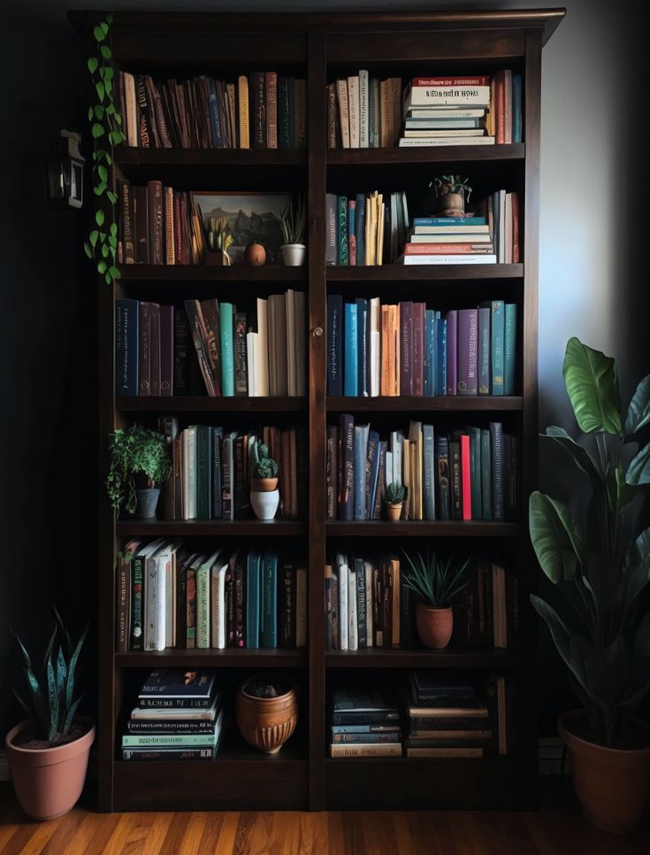 a bookshelf filled with lots of books next to a potted plant