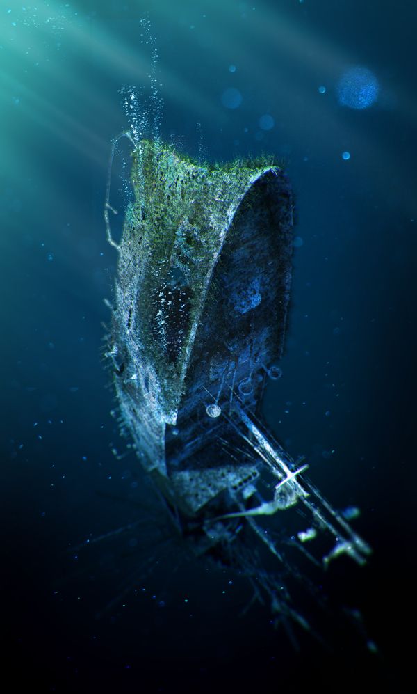 an old boat in the water with sunlight streaming through it