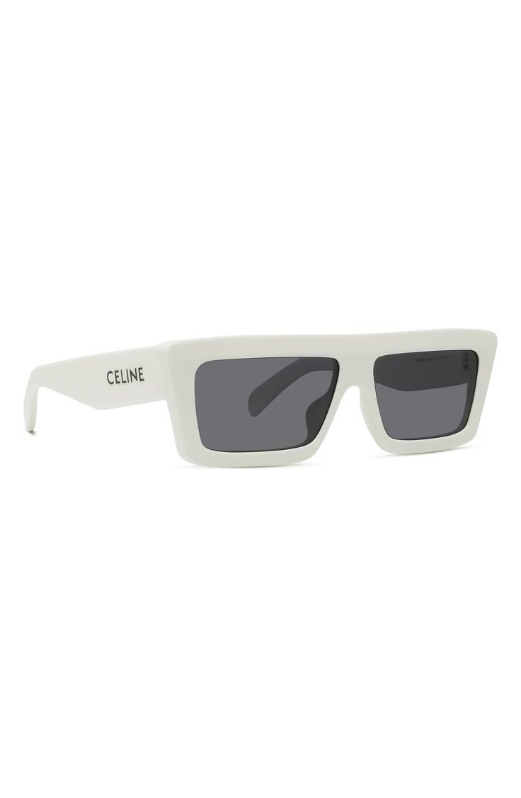 Smoky lenses bring extra coverage to these distinctive Italian-made sunglasses featuring a sleek rectangular silhouette and signature branding at the temples. 57mm lens width; 13mm bridge width; 140mm temple length 100% UV protection CR-39 lenses Acetate Made in Italy Classic White Shield Sunglasses With Tinted Lenses, Designer Rectangular Sunglasses With Uv Protection, White Rectangular Polarized Sunglasses, White Rectangular Sunglasses With Polarized Lenses, Classic White Shield Sunglasses With Polarized Lenses, White Rectangular Shield Sunglasses With Tinted Lenses, White Rectangular Shield Sunglasses With Gradient Lenses, Modern White Rectangular Sunglasses, Luxury Rectangular Shield Sunglasses For Summer