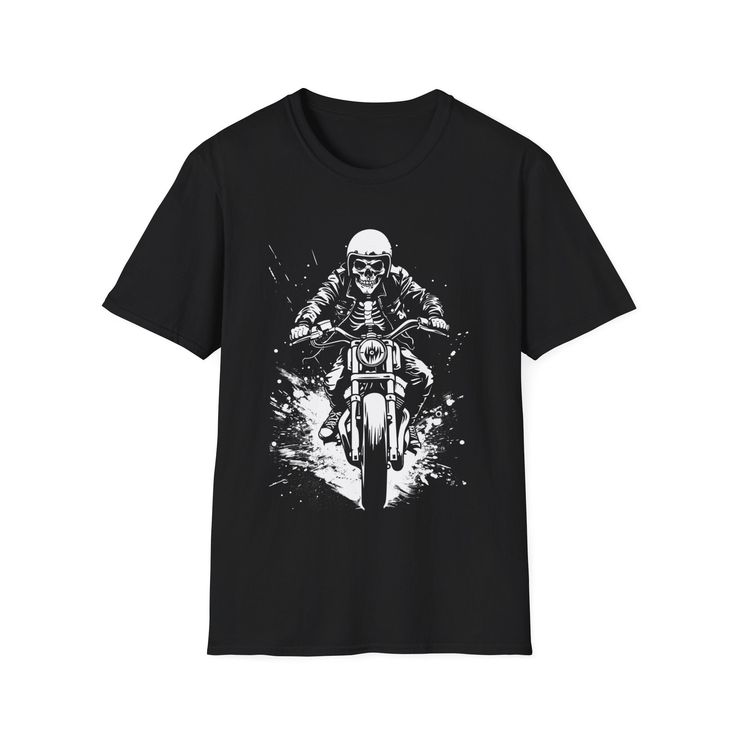 a black t - shirt with a skeleton riding a motorcycle