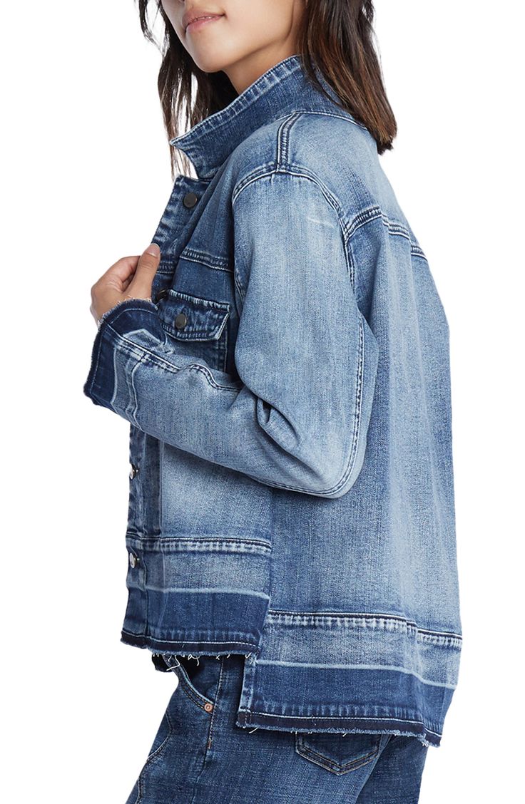 Designed in a cool faded wash, this jean jacket features classic chest pockets and a modern raw hem. 24" length Spread collar Lined 95% cotton, 4% polyester, 1% spandex Machine wash, tumble dry Imported Dark Denim Jacket, Cropped Denim Jacket, Colored Denim, Cropped Denim, Split Hem, Dark Denim, Denim Shirt, Step Up, Blue Light