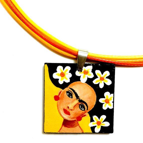 Frida Kahlo Jewelry Artistic Necklaces With Unique Variations, Artsy Pendant Jewelry For Festival, Artsy Festival Pendant Jewelry, Hand Painted Yellow Jewelry For Gift, Artsy Orange Festival Jewelry, Hand Painted Jewelry For Festival, Artsy Orange Jewelry For Festivals, Adjustable Hand Painted Yellow Jewelry, Adjustable Yellow Hand-painted Jewelry