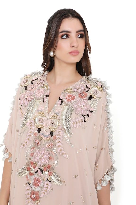 Pink kaftan with mukaish work and floral embroidery in bead and thread. Paired with a jogger. - Aza Fashions Bollywood Style Embellished V-neck Kaftan, Designer V-neck Kaftan With Mirror Work, Festive Designer Kaftan With Sequins, Designer Sequined Kaftan For Eid, Party Kaftan With Mirror Work For Festivals, Party Kaftan With Mirror Work For Eid, Traditional Embellished Kaftan For Festive Occasions, Eid Party Kaftan With Mirror Work, Festive Sequined Kaftan