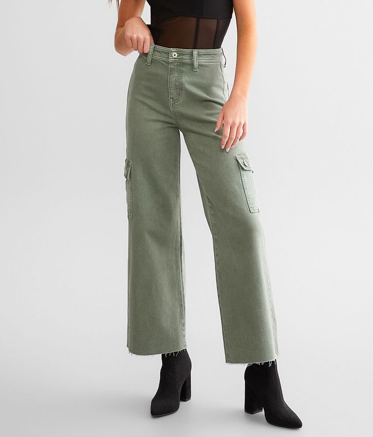 VERVET High Rise Cropped Wide Leg Cargo Pant - Green 29/29, Women's Armygreen High rise Slim through the hip and thigh 21 bottom opening Destruction details. This quality denim is hand-finished for a unique look. It will wear like your favorite jeans, with each hole and tear continuing to destruct over time. You will love the comfort of this denim that has the look and feel of years of wear. . 98.5% Cotton 1.5% Spandex. Machine wash cold separately. Do not bleach. Tumble dry low or line dry. Coo Fall Utility Mid-rise Cargo Pants, Green Full-length Bottoms For Fall, Green Full Length Bottoms For Fall, Trendy Straight Leg Bottoms With Cargo Pockets, Trendy High Rise Cargo Pants With Hip Pockets, Fall Utility Flare Jeans Full Length, High Waist Utility Pants For Fall, Fall High Waist Utility Flare Jeans, Fall Utility High Waist Pants