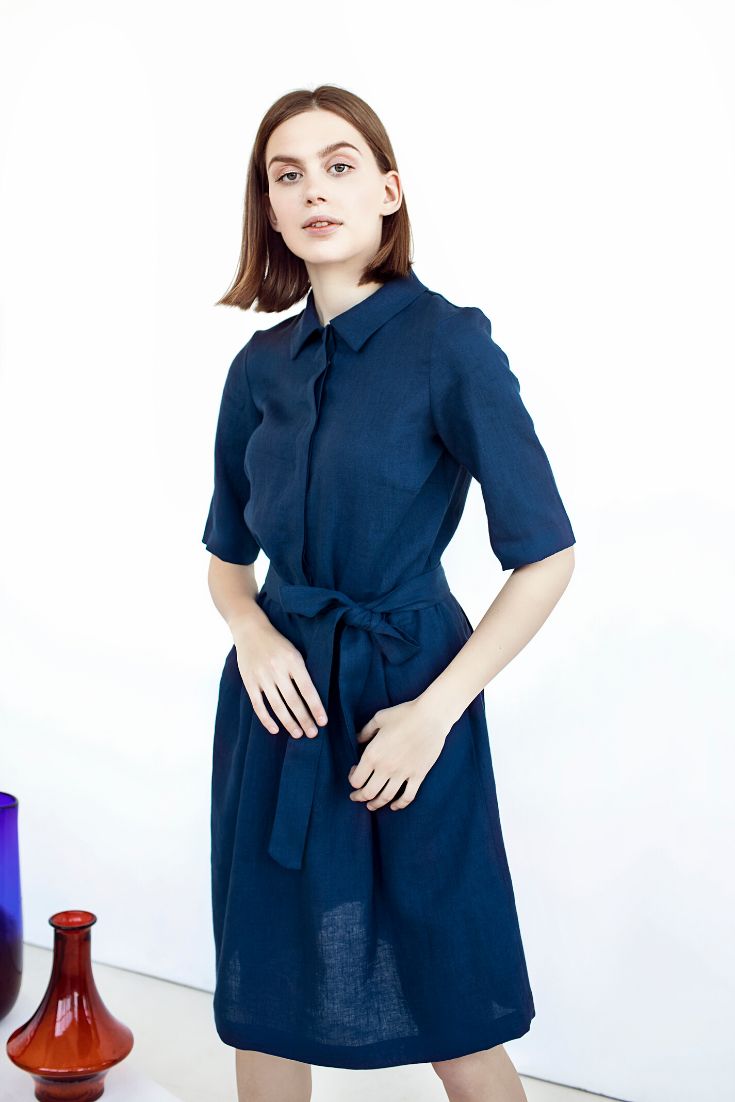 This minimalist belted linen dress is an amazing way to show off your great taste in fashion while remaining comfortable. Made from European linen, this pocketed dress is not only highly fashionable but also highly comfortable! Blue A-line Shirt Dress For Daywear, Elegant Blue A-line Shirt Dress, Blue Half Sleeve Dresses For Daywear, Blue Fitted Linen Midi Dress, Fitted Blue A-line Linen Dress, Blue Short Sleeve Mini Dress For Wedding, Formal Fitted Linen Shirt Dress, Fitted Half Sleeve Shirt Dress For Summer, Fitted Linen Shirt Dress For Formal Occasions