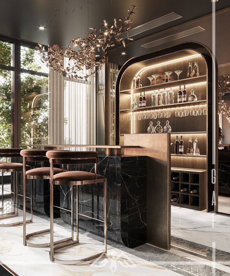 an elegant bar with marble counter tops and stools