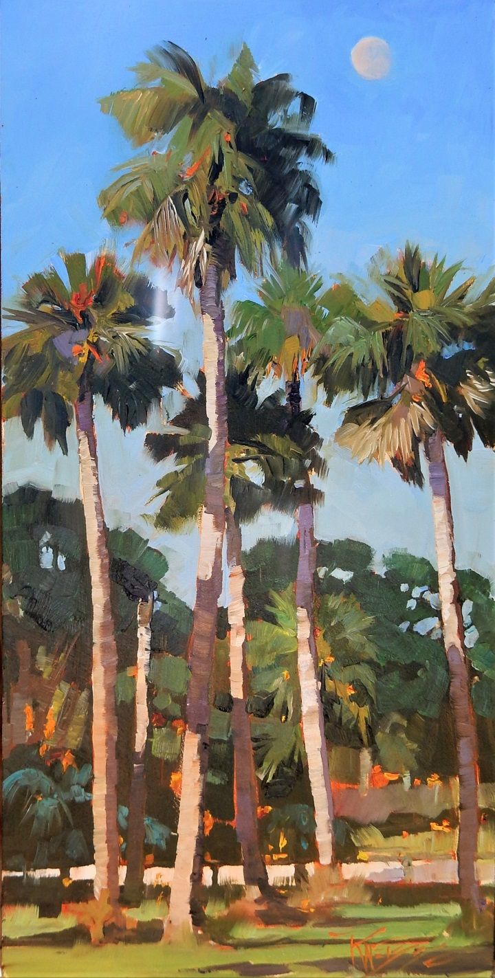 an oil painting of palm trees with the moon in the background