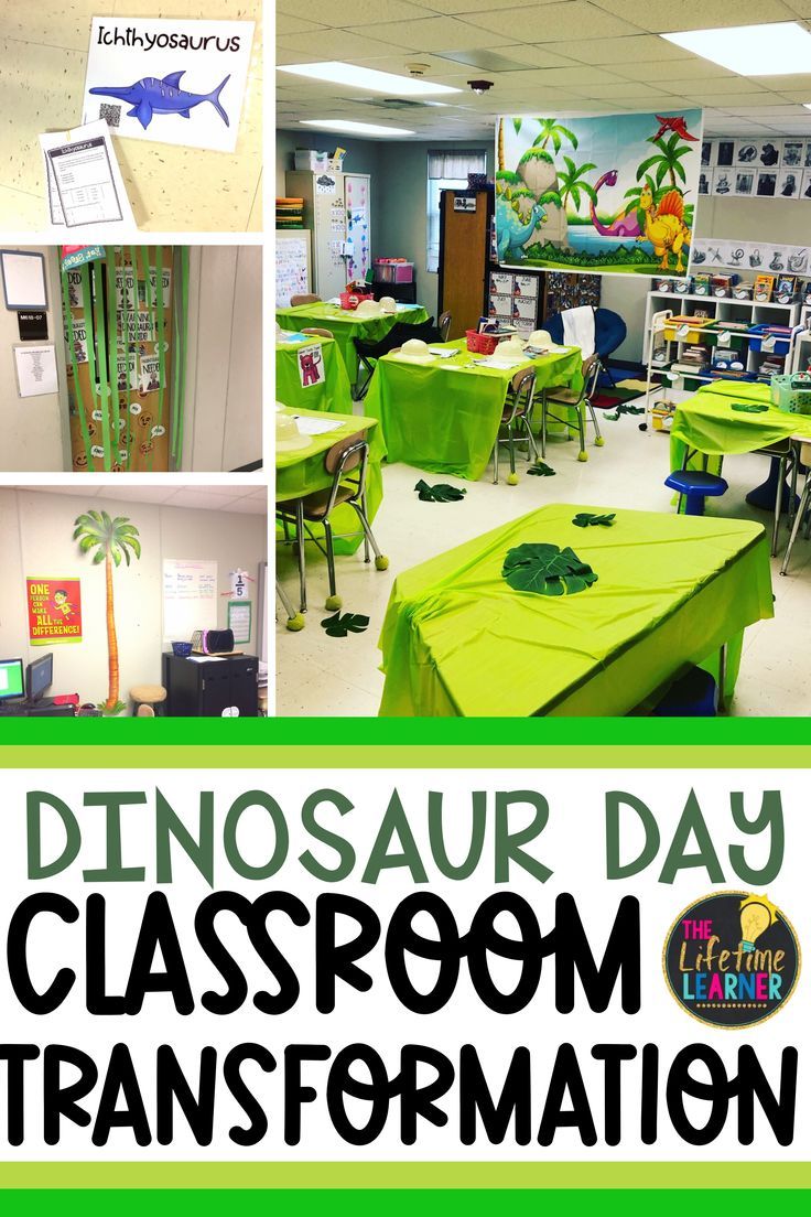 the classroom is decorated with green tables and chairs for dinosaur themed class decorations, which are also made from plastic tablecloths