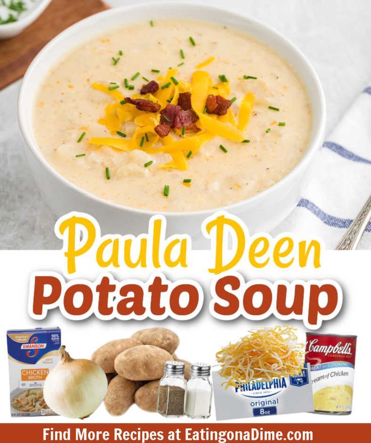 a bowl of potato soup with bacon and cheese on top is featured in this ad