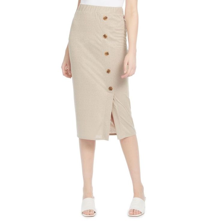 Decorative Buttons And A Sleek Silhouette Make This Pull-On Skirt From Bcx A Cool Choice For Day Or Night.. Casual Skirt With Side Buttons For Spring, Casual Bottoms With Side Buttons For Spring, Casual Fitted Skirt With Side Buttons, Fitted Casual Skirt With Side Buttons, Casual Pencil Skirt With Button Closure, Casual Beige Skirt For Daywear, Beige Skirt With Button Closure For Day Out, Side Button Skirt, Tan Pencil Skirt