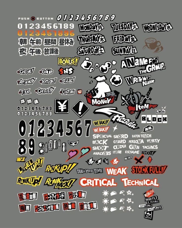 an assortment of stickers and decals on a gray background with the words, numbers, and symbols