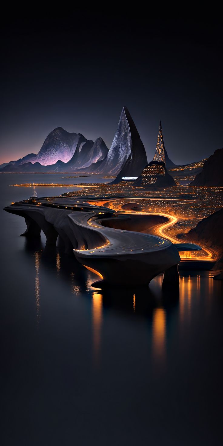 an artistic view of mountains and water at night