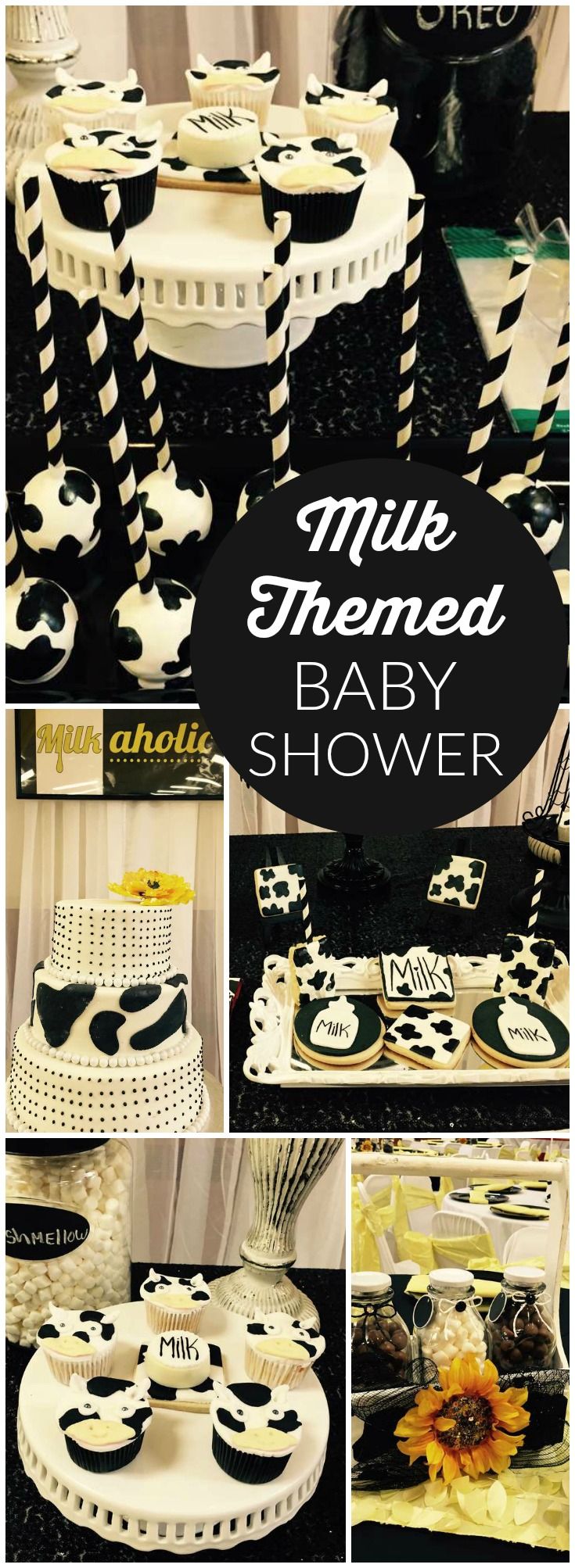 a collage of black and white baby shower items