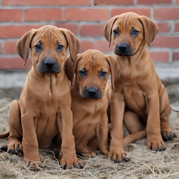 three puppies sitting next to each other in front of a brick wall and grass