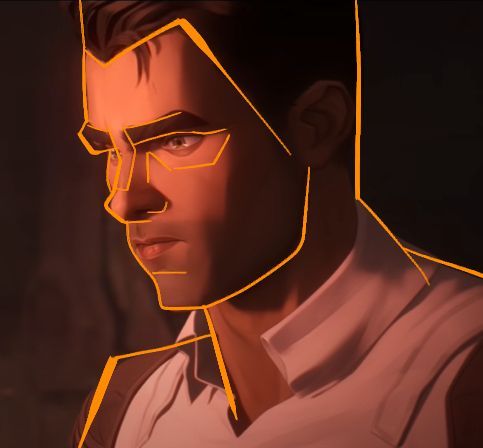 an animated man in a white shirt with yellow lines on his face and chest, looking at the camera