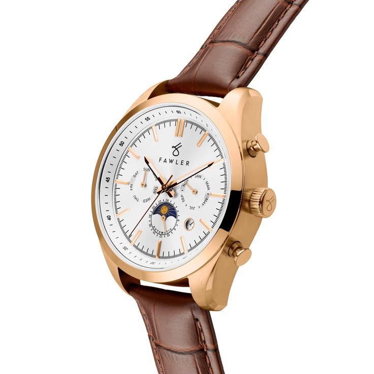 * Battery-free – winds as you move
 * Day, month, date, and 24-hour dials
 * Easily interchangeable straps Elegant Rose Gold Leather Chronograph Watch, Elegant Business Chronograph Watch With Date Display, Elegant Chronograph Watch With Date Display For Business, Timeless Brown Chronograph Watch, Timeless Chronograph Watch, Elegant Rose Gold Watches With Date Display, Modern Formal Watch With Day-date Display, Elegant Rose Gold Watch With Day-date Display, Timeless Chronograph Watch For Business With Date Display