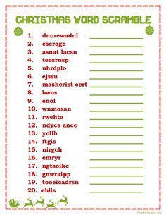 the christmas word scramble is shown in red and green