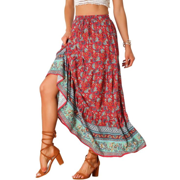 This floral printed skirt makes a great vacation choice. Women's boho vintage print maxi skirt, a must-have skirt and a good skirt gift idea for Spring, Summer, and Fall. Regular fit, just enjoy your leisure time with ease. Team with flat sandals and a relaxed shirt or peasant top. Pair it with sandals or heels for a perfect look. Casual Maxi Skirt, Beach Maxi Skirt, Skirts Red, Hispanic Culture, Peasant Skirt, Tiered Maxi Skirt, Printed Skirt, Printed Maxi Skirts, Bohemian Floral