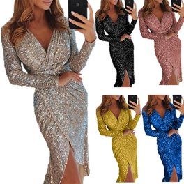 Plus Size Women Sequin V Neck Wrap Christmas Dress Bodycon Evening Party Dress - Walmart.com Shiny Skirts, Sukienki Plus Size, Mid Skirt, Women Long Sleeve Dress, Tonga, Dress Gift, Slim Dresses, Long Sleeve Midi, Zambia