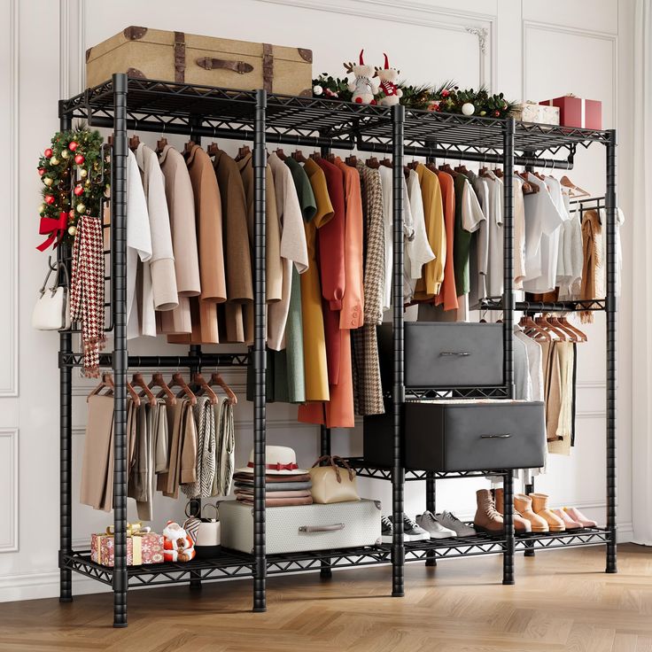 an organized closet with clothes and shoes