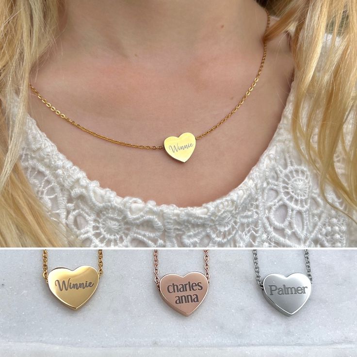 Children's personalized name engraved heart necklace for girls of all ages!  You'll love the look of excitement in their eye as they open their very own custom heart name necklace!  This heart initial name necklace is a great addition to any child's jewelry box & comes in 3 colors & a variety of fonts. Each custom heart necklace is laser engraved & made of finest quality stainless steel, so it will not tarnish or lose color.  You can rest assured knowing that your little CAN wear it while bathin Personalized Adjustable Necklace For Best Friend, Heart Charm Necklace For Best Friend, Cute Customizable Jewelry For Best Friend Gift, Personalized Heart Pendant Charm Necklace For Best Friend, Adjustable Engraved Charm Necklace Best Friend Gift, Engraved Adjustable Charm Necklace For Best Friend, Heart-shaped Engraved Charm Necklace For Best Friend, Engraved Heart Charm Necklace For Best Friend, Personalized Dainty Heart Pendant Charm Necklace