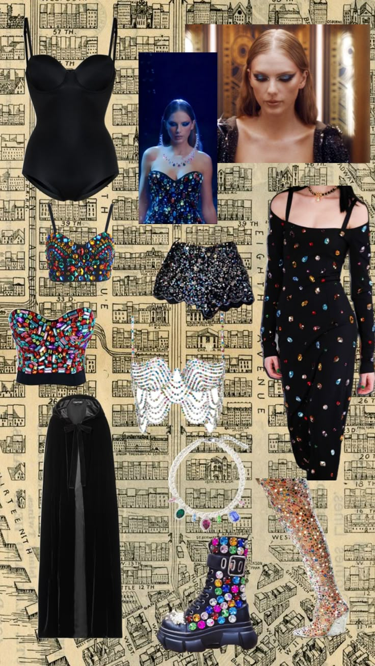 fashion collage with clothes and accessories on top of newspaper pages, including high heeled boots