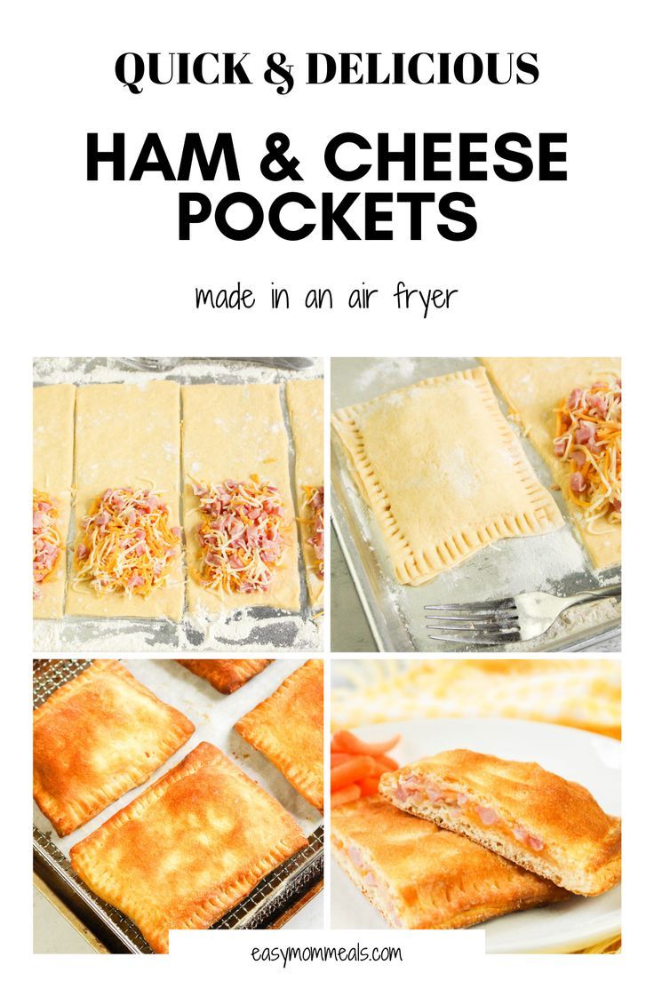 ham and cheese pockets made in an air fryer with text overlay that reads quick and delicious ham and cheese pockets