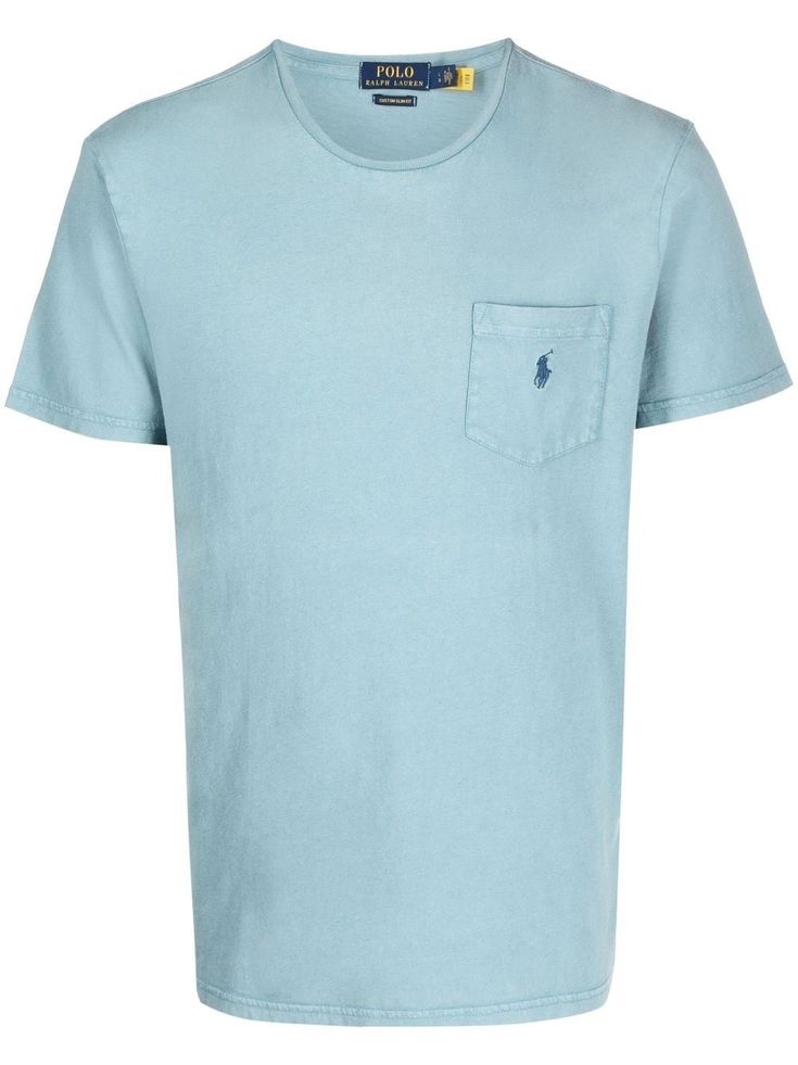 light blue cotton-linen blend jersey knit embroidered logo at the chest round neck short sleeves chest patch pocket straight hem T Shirt Vest, Cotton Linen, Linen Blend, Patch Pocket, Knit Jersey, Polo Ralph, White Undershirt, Polo Ralph Lauren, Round Neck