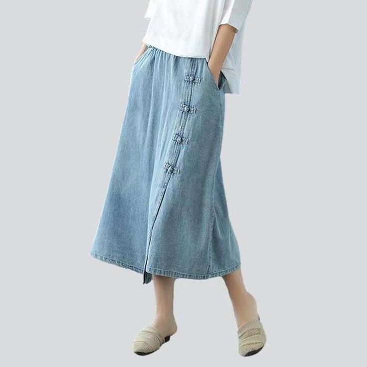 Stay ahead of the fashion curve with our Chinese Vibe Full-length Denim Skirt from the 2023 Spring-Summer Collection! Bringing together timeless 90s style with a light wash. A-line silhouette. high-waist fit. and a rubber closure. this skirt is sure to turn heads.Why You'll Fall In LoveOur Chinese Trend Lengthy Denim Skirt is designed with today's fashionista in mind. Look effortlessly stylish with its light wash and A-line silhouette. while the high-waist fit and rubber closure give you a perfe Spring Mid-rise Washed Denim Skirt, Non-stretch High Waist Denim Skirt For Spring, Non-stretch Mid-rise Denim Skirt For Spring, Casual Non-stretch Denim Skirt For Summer, Baggy Casual Denim Skirt For Spring, Casual Non-stretch Denim Skirt For Spring, Spring Casual Non-stretch Denim Skirt, Spring Straight-leg Denim Blue Skirt, Spring Relaxed Straight Leg Skirt