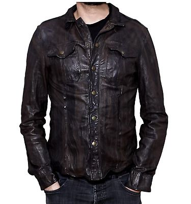 Leather Button-up Tops With Button Closure, Casual Collared Brown Biker Jacket, Casual Long Sleeve Biker Jacket, Casual Long Sleeve Biker Jacket With Buttons, Casual Fitted Biker Jacket With Buttons, Casual Brown Leather Tops, Brown Leather Casual Tops, Fitted Leather Button-up Top, Casual Brown Leather Top