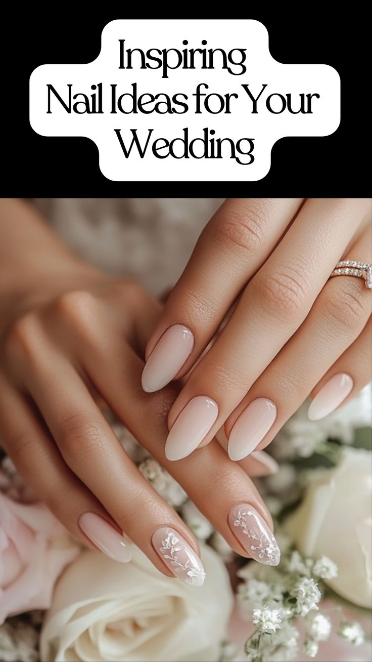 Bride’s hands with elegant wedding nails featuring soft, pastel colors and subtle nail art that complements her bridal dress and rings. Wedding Classy Nails, Traditional Wedding Nails For Bride, Wedding Nails For Bride Fall Colors, Wedding Nails Winter, Bride Nail Designs Wedding Manicure, Wedding Nails 2024 Trends, Bridal Ombre Nails Wedding, Neutral Nails For Photoshoot, Garden Wedding Nails