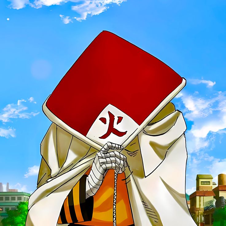 an anime character holding up a red and white object in front of a blue sky