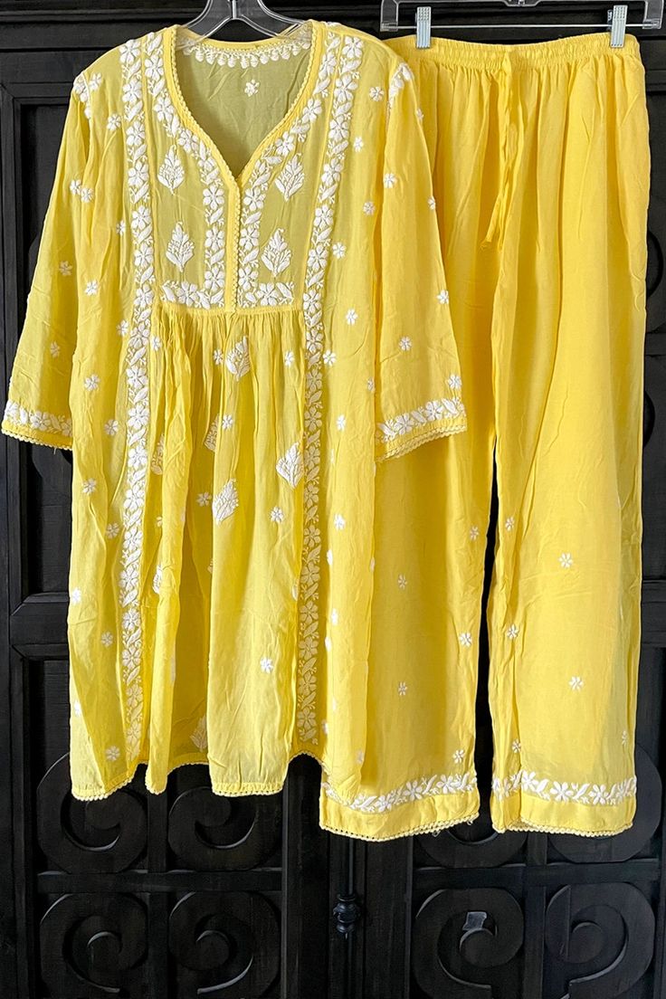 Yellow Lucknowi Hand Embroidered Short Frock A-Line Peplum Kurta Set Chikankari Short Frock, Phulkari Pants, Lucknowi Kurta, Patiala Salwar Suits, Short Frock, Bridal Dupatta, Kurta Pant Set, Border Lace, Velvet Shawl