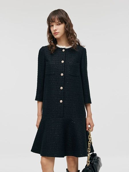 Tweed A-Line Ruffle Collared Women Midi Dress Ruffled Collar, Black And White Color, Long Sleeve Short Dress, Dresses By Length, Women Midi, Ruffle Collar, Style And Grace, Long Sleeve Midi, Long Sleeve Midi Dress