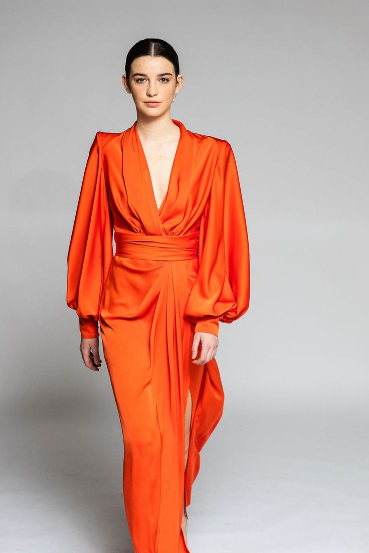 Her Trove - Deep V neckline satin dress Puffed Long Sleeves, Dress Name, Column Skirt, Orange Shirt, Draped Dress, Satin Dress, V Neckline, Plunging Neckline, Satin Dresses