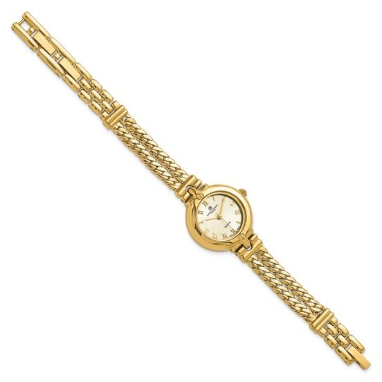 Gold tone over brass Charles Hubert ladies chain bracelet watch with 26mm round case, stainless steel caseback, push pull crown, Japanese quartz movement for accurate time, champagne dial with gold-tone hands and Roman numerals. Comes with limited lifetime warranty on movement type, 3 ATM water resistance and fold over catch clasp. Watch band measures approximately 8"L x 7/16"W. Vintage Gold Watch, Relic Watches, Brass Crown, Gold Michael Kors Watch, Gold Plated Watch, Bangle Watches, Watch Dial, Cuff Watch, Paris Woman