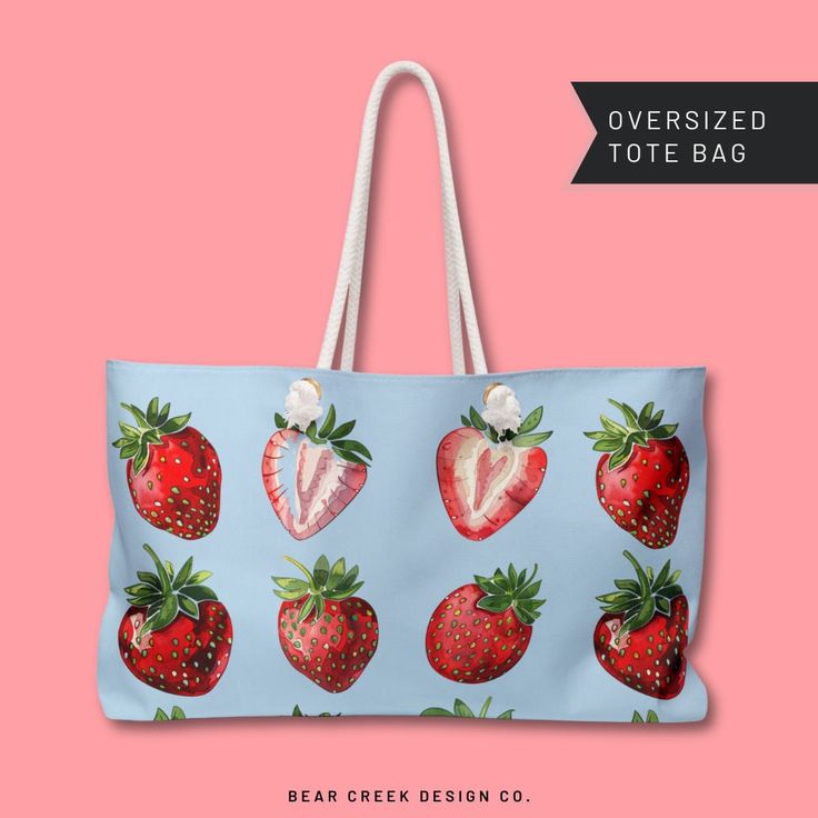 🍓🍓 👜👜 Embrace summertime vibes with our delightful Trendy Strawberry Reusable Shopping Bag!  Perfect for beach days or trips to the farmers market, this spacious weekender bag combines functionality with charm. Adorned with a sweet strawberry graphic in a chic grid pattern, it adds a touch of whimsy to your ensemble. Available in four refreshing colors - white, beige, chambray, and blossom - it's a versatile accessory for any occasion. Carry your essentials in style with this cute and coquette shoulder sack, designed especially for the modern woman who loves both fashion and function! 🍓 👜 The wide-mouthed, durable bag holds a generous amount of personal items and is easily held by its thick rope handles. 🍓 👜  Key Features: Made from spun polyester threads so it doesn't wrinkle and Summer Rectangular Weekender Bag For Daily Use, Casual Everyday Reusable Beach Bag, Casual Reusable Beach Bag, Summer Large Capacity Rectangular Weekender Bag, Large Rectangular Weekender Bag For Summer, Large Capacity Rectangular Weekender Bag For Summer, Large Capacity Weekender Bag For Everyday Use, Multicolor Reusable Summer Bags, Summer Travel Reusable Canvas Bag